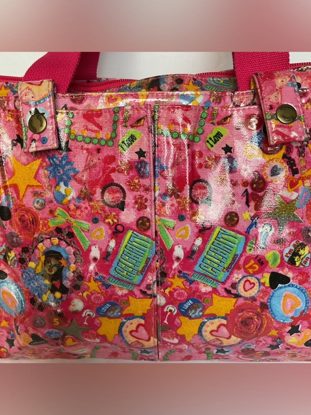 Fiorucci Vintage Y2K Vegan Pink Cartoon Print Tote Bag Purse Fuchsia Coachella - Picture 5 of 13